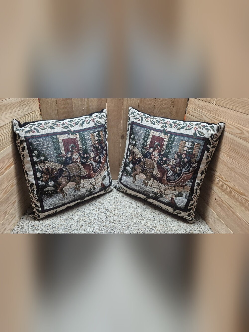 ​Vtg Christmas Tapestry Throw Pillows Sleigh Ride Winter Scene Set of 2 Holiday